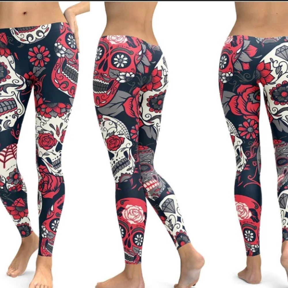Gear Bunch White Black Redish/Pink Sugar Skulls Day Of The Dead Leggings NWOT XL